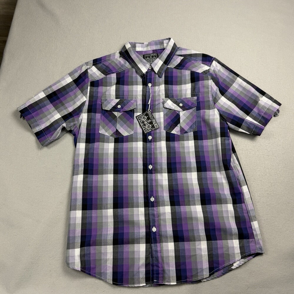 NWT Straight Faded Western Plaid Button Up Shirt Mens Size L Purple Black Gray